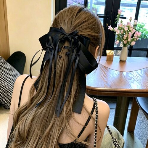 韩系芭蕾风～多层缎面蝴蝶结飘带少女发夹黑色弹簧夹女韩系甜酷