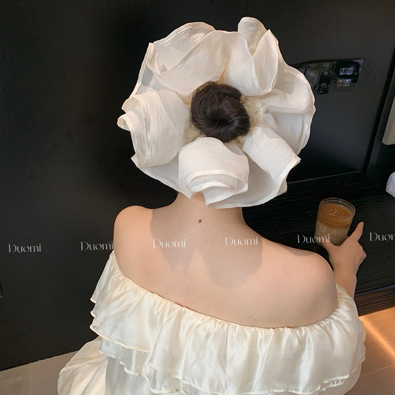法式超大号褶皱双层网纱大肠发圈高级感扎马尾头花女新款头绳