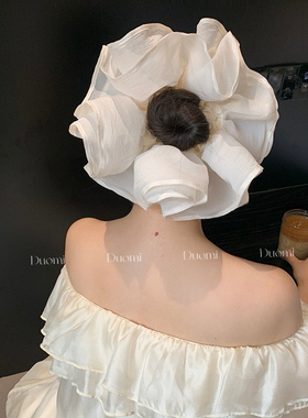 法式超大号褶皱双层网纱大肠发圈高级感扎马尾头花女新款头绳