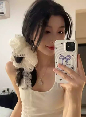 法式白色蕾丝飘带超大马尾发圈女高级感温柔个性丸子头大肠头饰