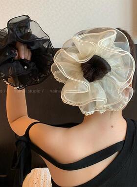 4层超大号！珍珠欧根纱大肠发圈~优雅网纱赫本风丸子头发绳头绳女