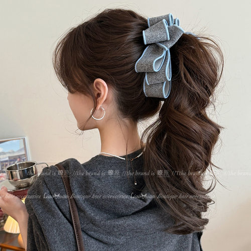 韩国时尚新款毛呢蝴蝶结香蕉夹女后脑勺盘发抓夹高马尾竖夹发饰