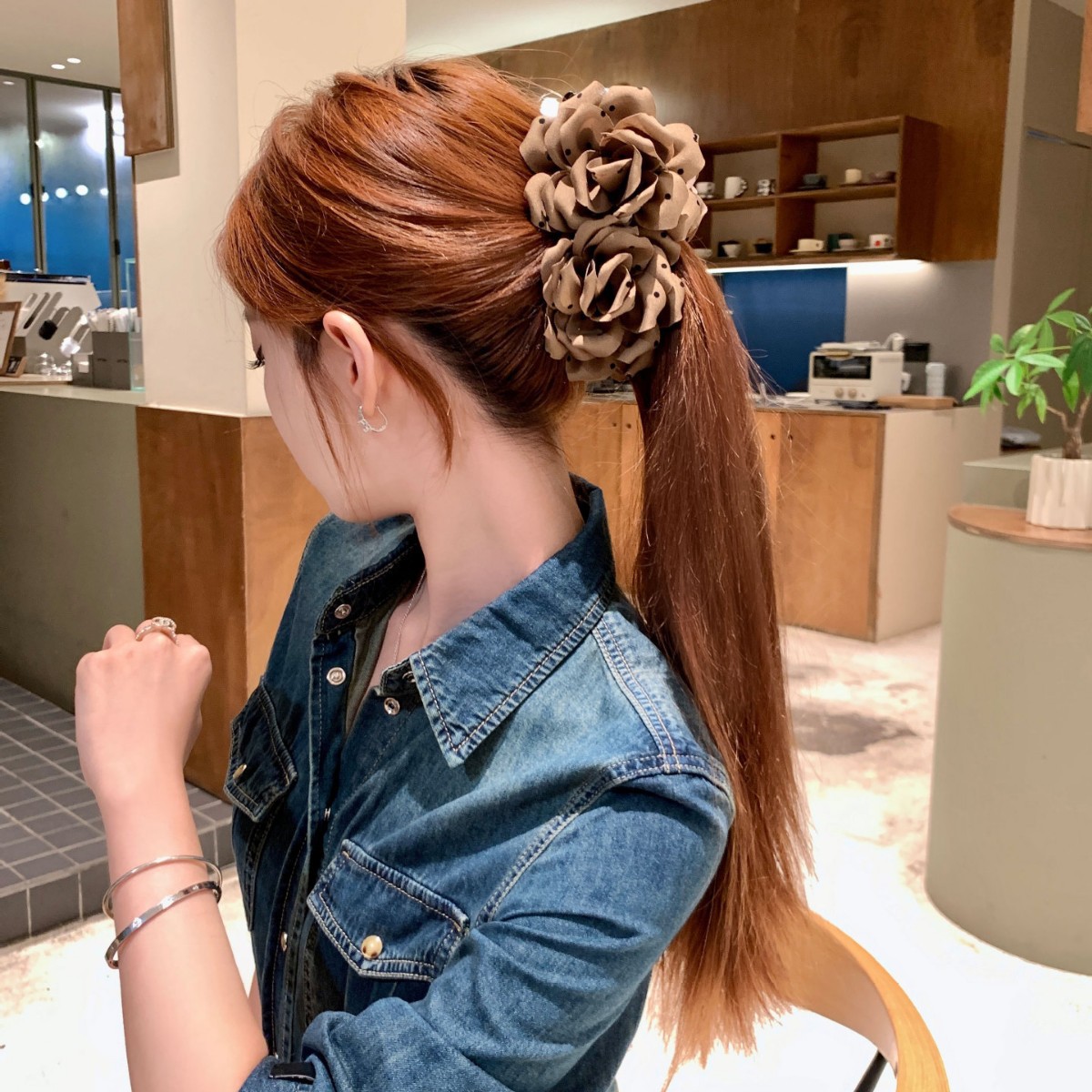 赤茶玫瑰~棕色波点花朵香蕉夹女饱满后脑勺高马尾竖夹2025秋冬新