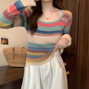 条纹针织打底衫女内搭春秋彩虹色紧身t恤2024新款欧货小上衣
