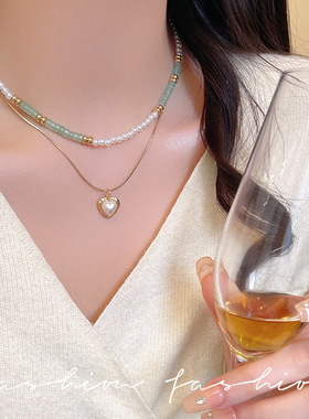 双层叠戴清新珍珠项链高级感爱心气质锁骨链法式串珠项链女批发