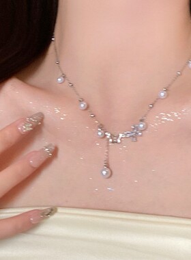 珍珠流苏蝴蝶钛钢项链女设计感高级气质毛衣链锁骨链轻奢小众颈链