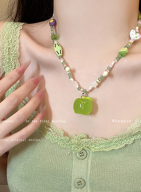 夏日小清新薄荷绿青苹果串珠项链女甜美森系少女风可爱百搭锁骨链