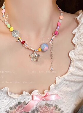 甜酷少女可爱糖果色串珠项链女秋季辣妹网红锁骨链小众毛衣链颈链