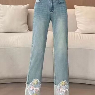 网红同款牛仔裤女秋冬高腰chic直筒拼接撞色裤子ins超火的九分裤
