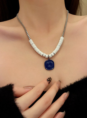欧美ins风嘻哈钛钢项链女小众设计感蓝色方块吊坠锁骨链时尚配饰