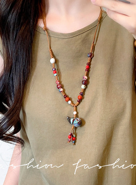 佛系少女彩色串珠陶瓷葫芦项链新中式民族风长款毛衣链禅意配饰