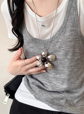 韩系复古银色花朵吊坠项链女夸张高级感长款ins风卫衣链个性配饰