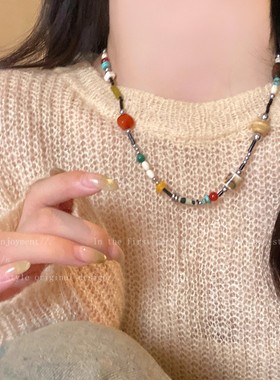 新中式复古天然石串珠项链女民族风彩色锁骨链多巴胺木质颈链配饰