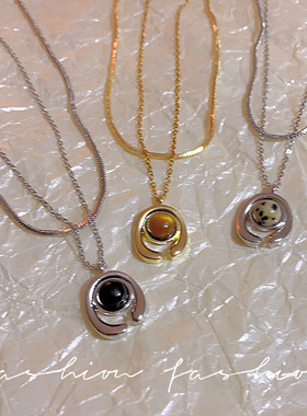 仿天然虎眼石项链女夏季双层叠戴卫衣链轻奢小众高级感气质锁骨链