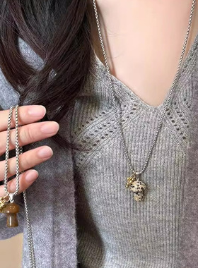 斑点虎眼石蘑菇吊坠项链女轻奢小众精致长款卫衣链简约百搭毛衣链