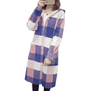 仿水貂绒大衣女秋冬新款过膝网红毛衣连帽外套格子长开衫韩版宽松