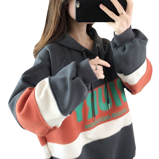 秋冬新款宽松慵懒风连帽卫衣女加绒加厚ins潮中长款上衣外套