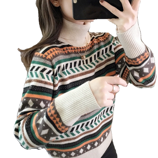 高领套头毛衣女士打底衫秋冬季2023新款复古条纹针织衫宽松上衣