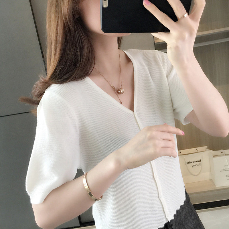 春季女士外穿冰丝洋气短袖针织衫