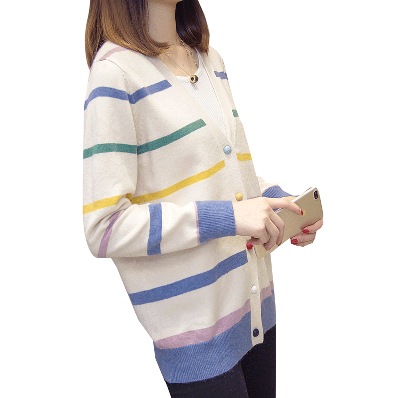 条纹针织开衫女早秋新款韩版宽松短款外搭春秋季百搭上衣毛衣外套