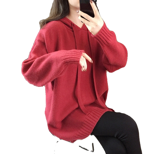 连帽针织衫女装秋冬新款宽松套头上衣慵懒风中长款毛衣外套纯色