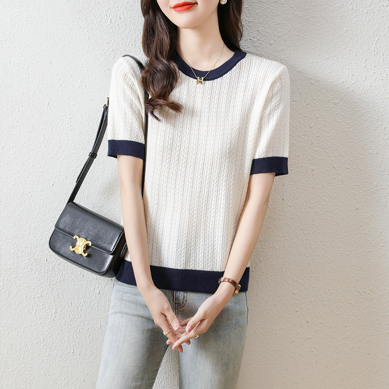夏季女士薄款镂空条纹拼色T恤2023韩版新款撞色针织衫宽松上衣