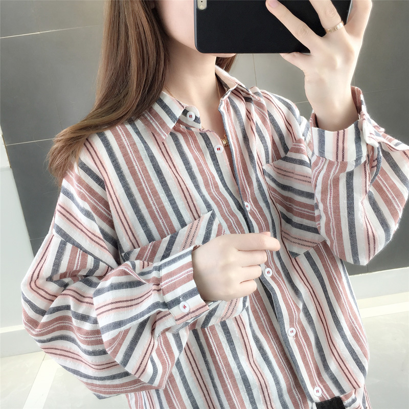 条纹衬衫女港味中长款上衣2020