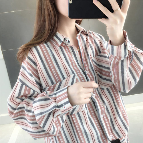 条纹衬衫女港味中长款上衣2020