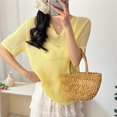 v领冰丝短袖 t恤女2025新款 镂空外搭罩衫 夏季 薄款 宽松针织防晒上衣