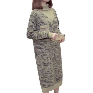 秋冬装新款中长针织衫连衣裙拼接高领慵懒风女装打底衫外穿
