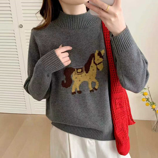减龄打底衫 2025秋冬季 卡通小马半高领毛衣女灰色针织衫 韩式 新款