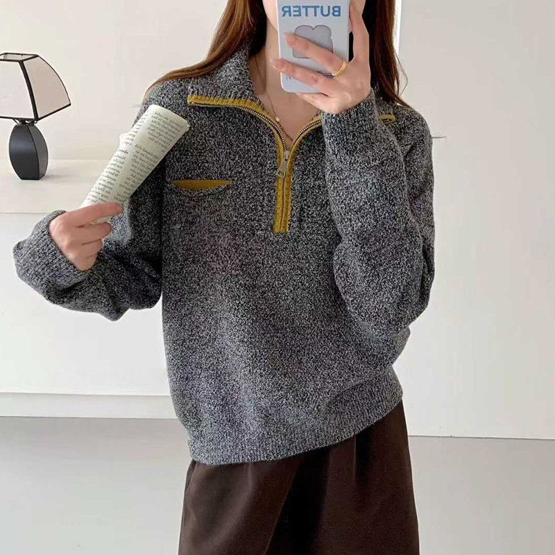 2025秋冬季新款洋气极简风半拉链立领毛衣女宽松百搭显瘦针织衫,女装/女士精品,毛衣,淘宝优惠券,粉丝福利购,淘宝优惠卷