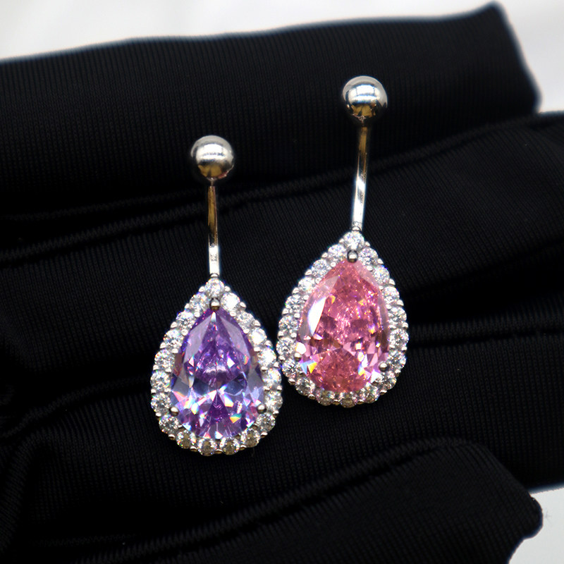 纯银大水滴脐钉镶钻粉紫色锆石气质百搭穿刺饰品肚脐环钉不过敏女