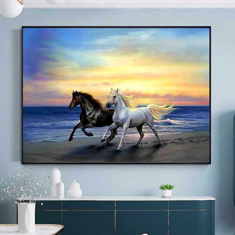 新款海景骏马钻石绣客厅装饰画满钻十字绣奔马图手工钻石画风景画