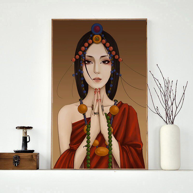 祈祷少女钻石画满钻新款点贴钻十字绣玄关中式人物禅意入定钻石绣