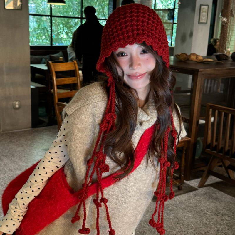 红色流苏帽子女秋冬季2025新款旅游氛围感针织毛线帽户外绝美冷帽,服饰配件/皮带/帽子/围巾,帽子,淘宝优惠券,粉丝福利购,淘宝优惠卷