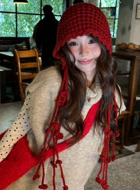 红色流苏帽子女秋冬季2025新款旅游氛围感针织毛线帽户外绝美冷帽