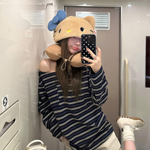 可爱kt小猫U型枕旅行枕卡通连帽护颈枕办公室空调帽子开车飞机枕