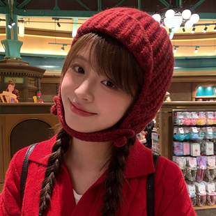 红色飞行帽子女冬季2025新款大号护耳防风防寒加厚针织保暖雷锋帽