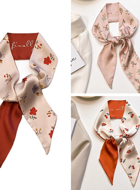 复古橙色碎花小丝巾女生春夏细窄飘带发带扎发绑包包装饰长条领巾