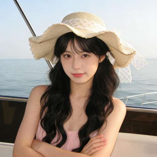 法式蕾丝蝴蝶结大檐防晒草帽女
