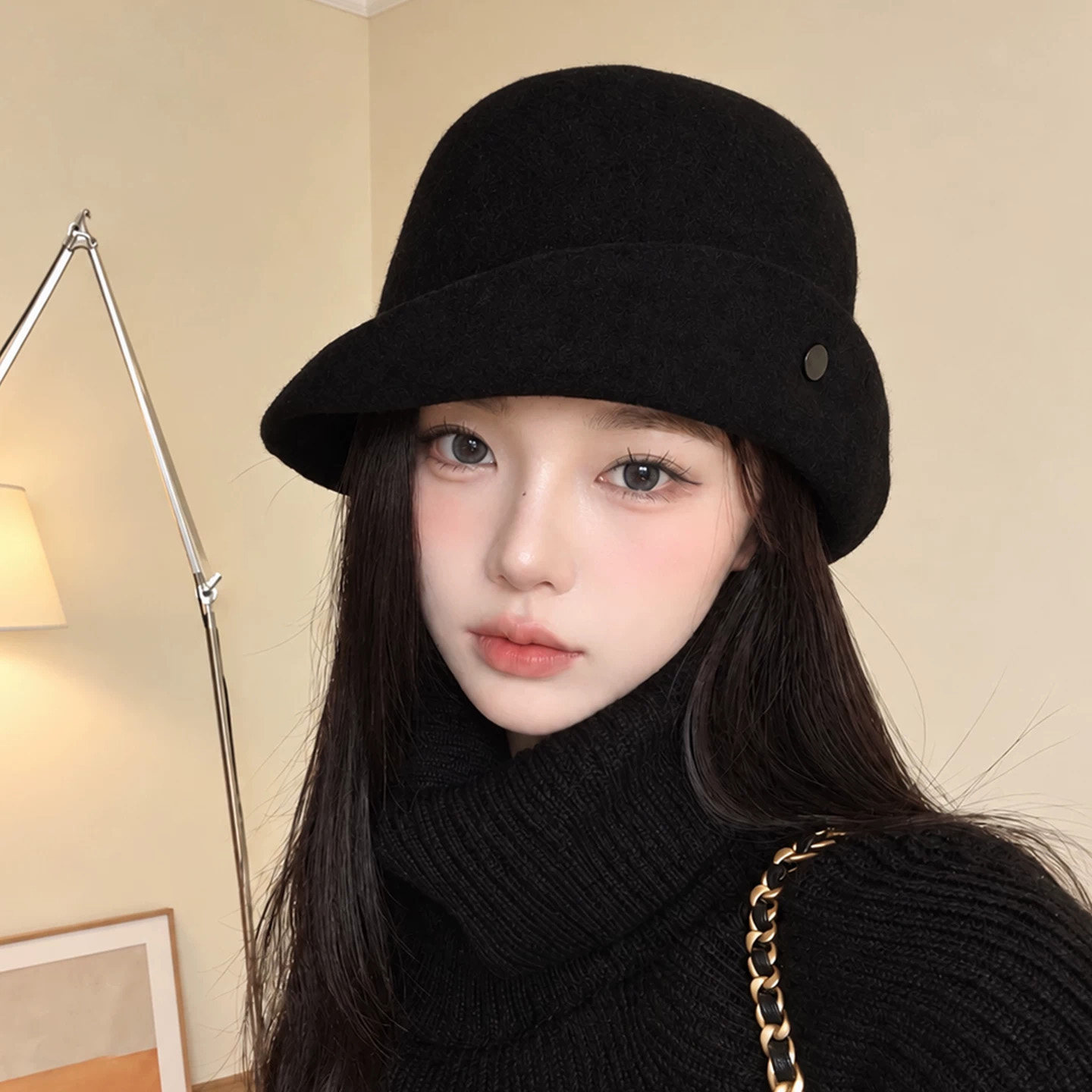 羊毛侧扣黑色礼帽女秋冬2026新款英伦风毛呢盆帽百搭复古千金帽子