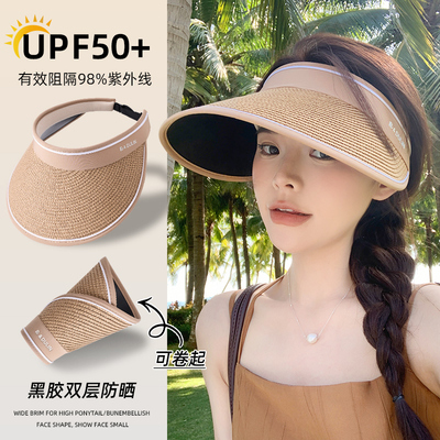 2025新款草编黑胶蛋卷防晒帽子