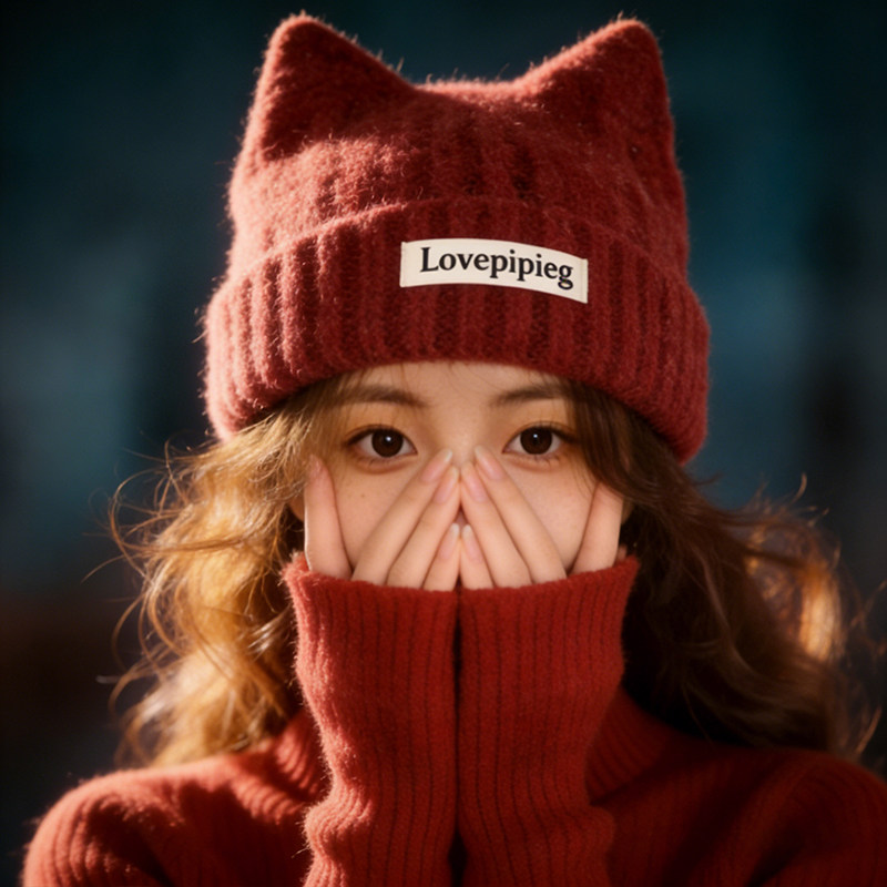 猫耳朵针织帽2025网红爆款帽子显脸小宽松护耳秋冬季女加厚毛线帽