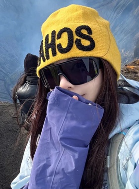 针织帽女2025新款秋户外登山草原旅游堆堆冷帽显脸小黄色毛线帽子