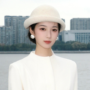 复古白色小礼帽女士秋冬2025新款羊毛渔夫帽民国赫本风高级氛围感