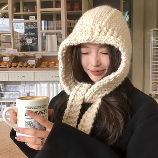 羊毛针织帽女款冬巴拉克拉法围巾一体连帽保暖毛线帽流行好看围脖