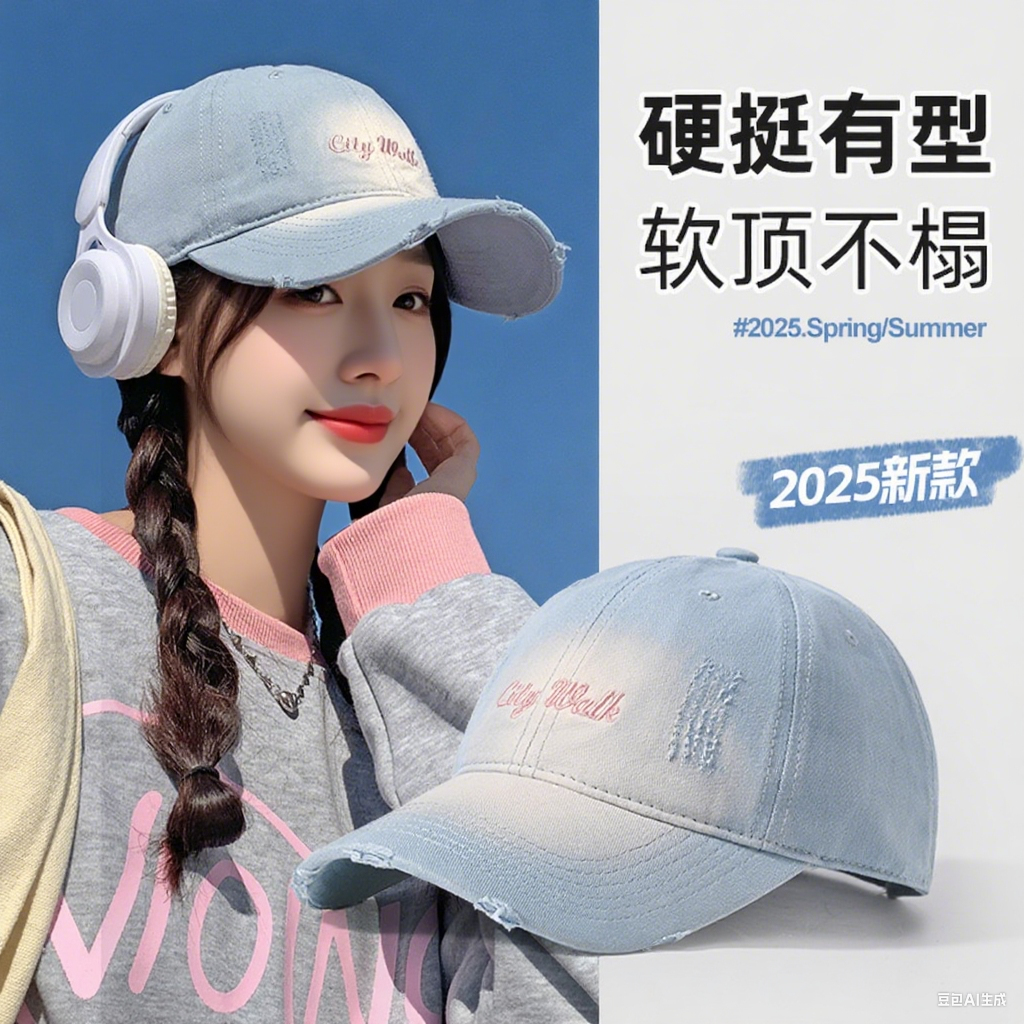 牛仔美式棒球帽蓝色加宽硬顶深顶