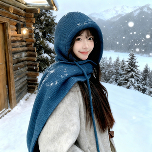 围巾2025新款今年流行爆款女秋冬保暖针织连帽围脖一体拉克拉法帽