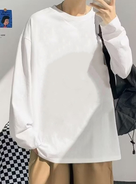 白色圆领长袖t恤男春秋上衣内搭打底衫纯色卫衣简约圆领叠穿衣服